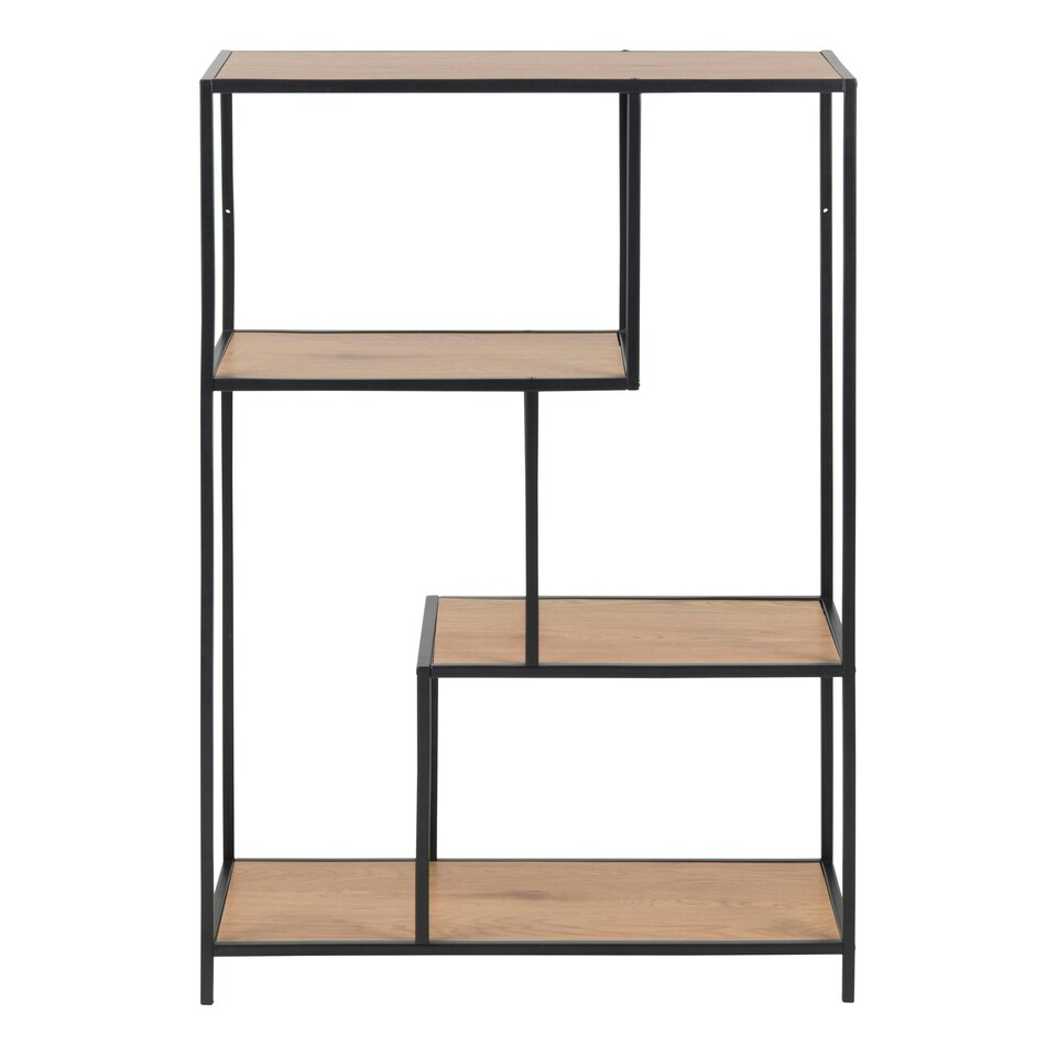 image 1 of Seaford Black Metal Asymmetrical Bookcase with 3 Oak Shelves