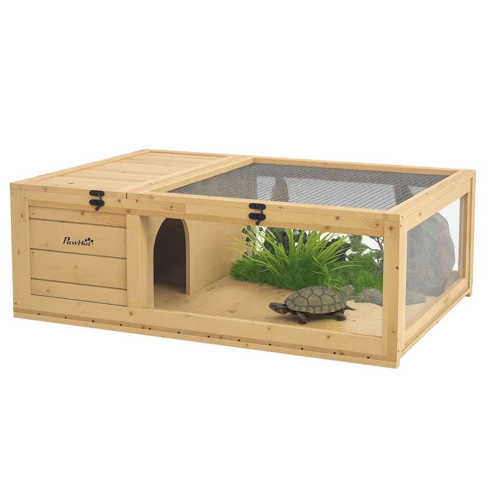 image 1 of PawHut Tortoise House w/ Mesh Roof, Small Pet Reptile Wooden House - Yellow