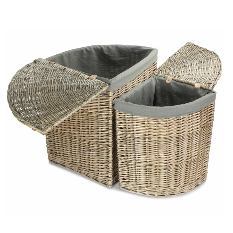 image 1 of Set of 2 Antique Wash Corner Linen Basket with Grey Sage Lining | Grey | Grey
