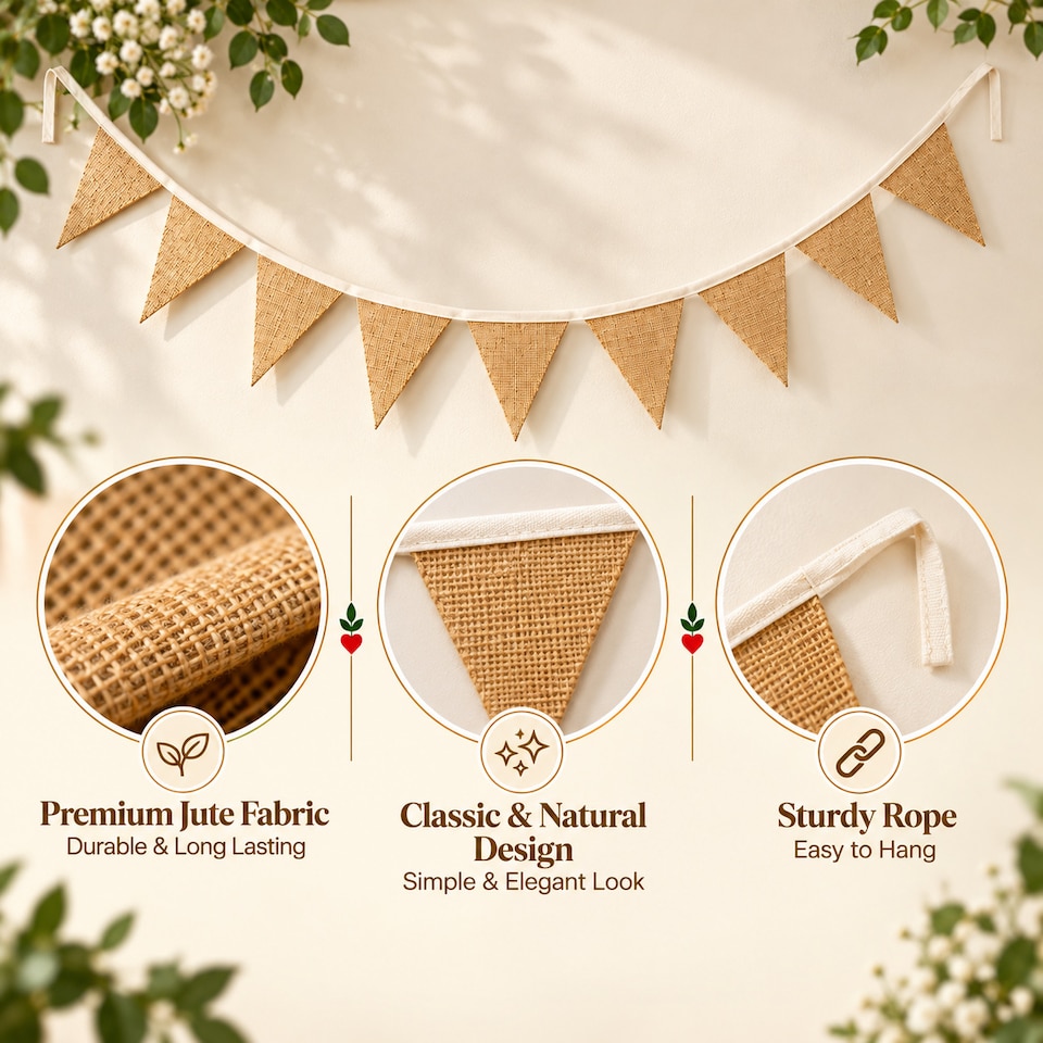 image 1 of Plain With White String Hessian Party Bunting 3m with 14 Pennants