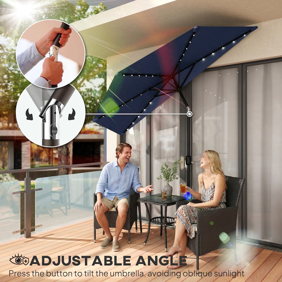 image 1 of Outsunny 2.6 m Half Parasol with Solar Lights, UPF50+ Semi Round Umbrella | Blue | Dark Grey | 265 x 135 x 239 cm