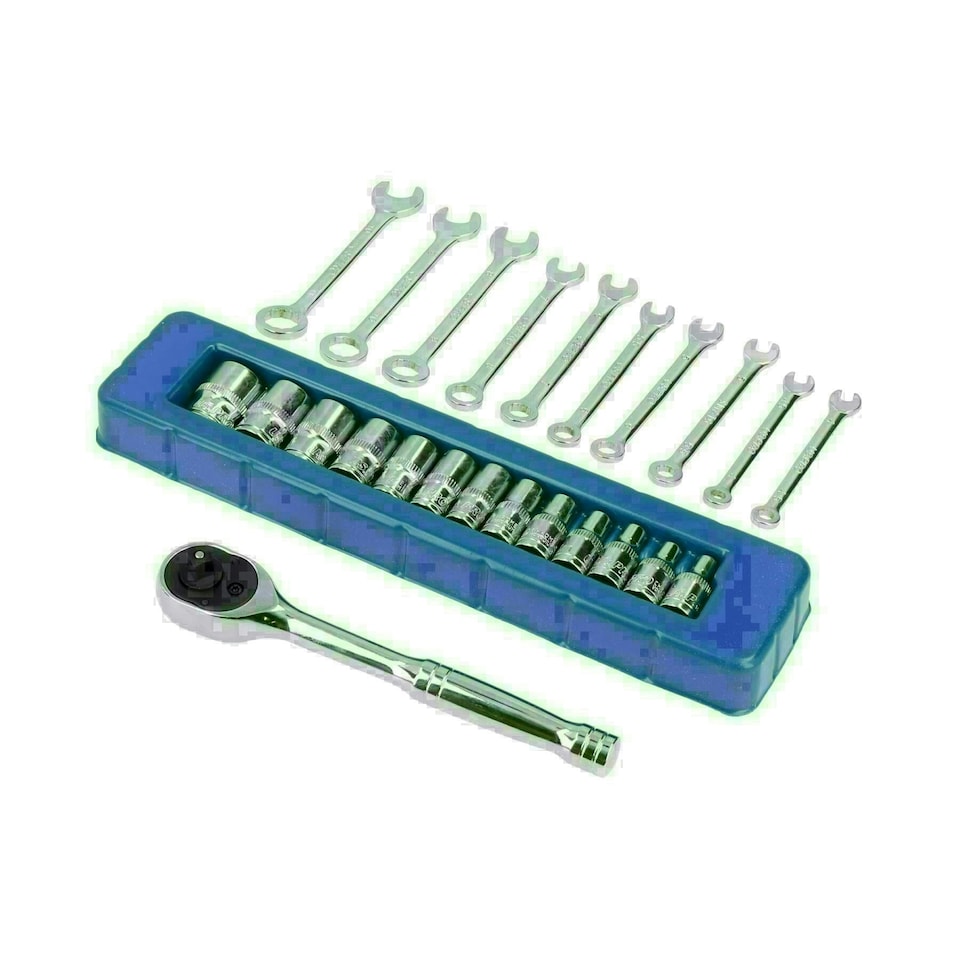 image 1 of Metric 1/4in Drive Sockets 4 - 14mm + 10pc Spanners 4 - 11mm + 1/4in Ratchet