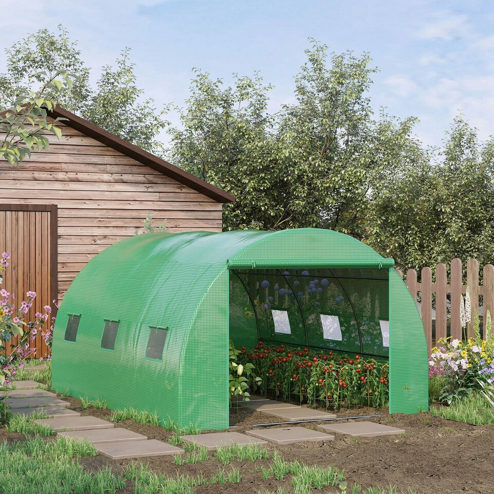 image 1 of Outsunny Tunnel Greenhouse w/ PE Cover, Outdoor Plant House w/ Door & Window
