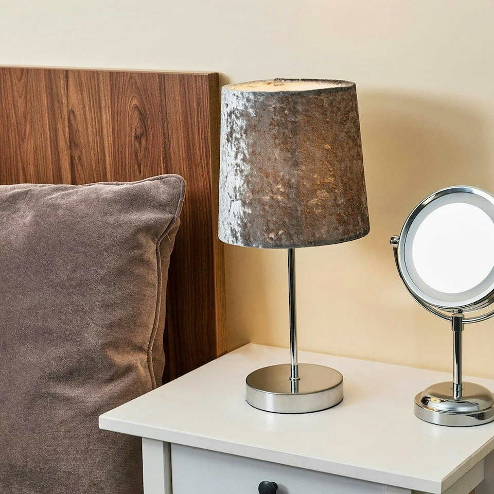 image 1 of ValueLights Modern Polished Chrome Table Lamp With Silver Grey Velvet Shade