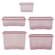 Wham Crystal 5 x Multisize Stackable Plastic Storage Boxes with Lids Tint Dusky Orchid Pink