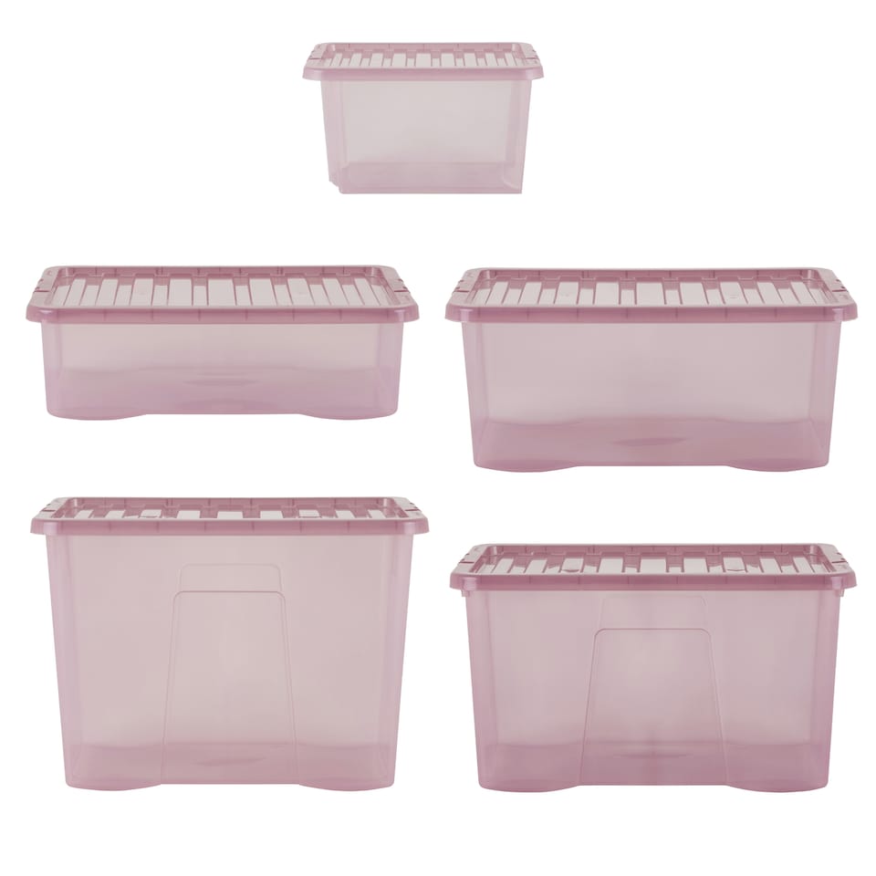 image 1 of Wham Crystal 5 x Multisize Stackable Plastic Storage Boxes with Lids Tint Dusky Orchid Pink