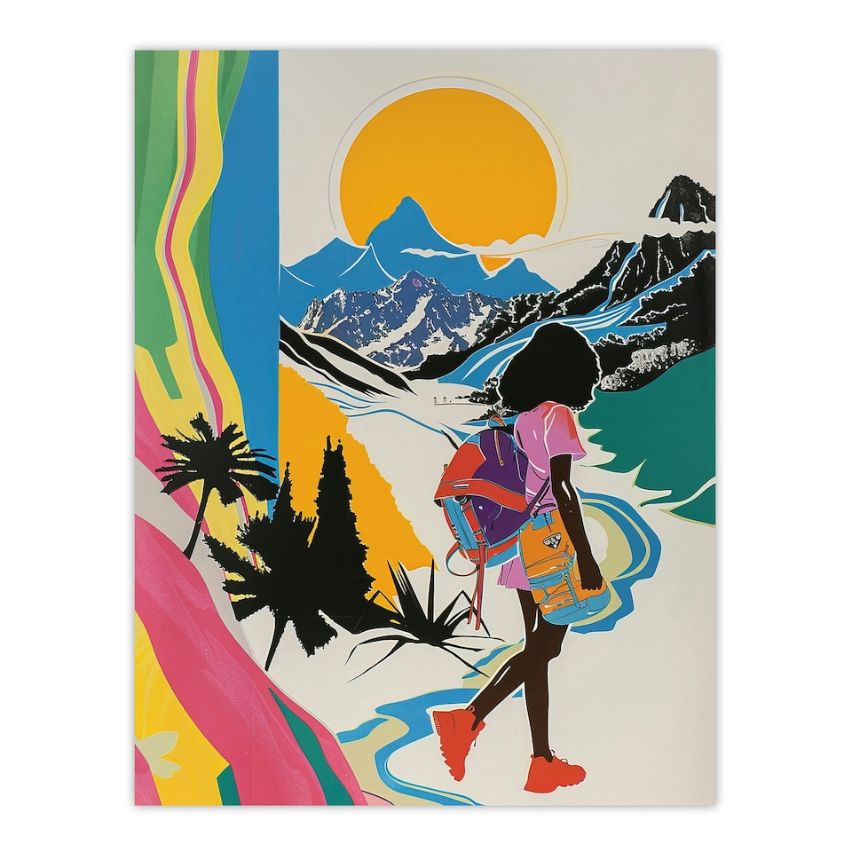 image 1 of Fun Bright Sun Mountains Abstract Girls Bedroom Hike Black Framed Wall Art Print A4