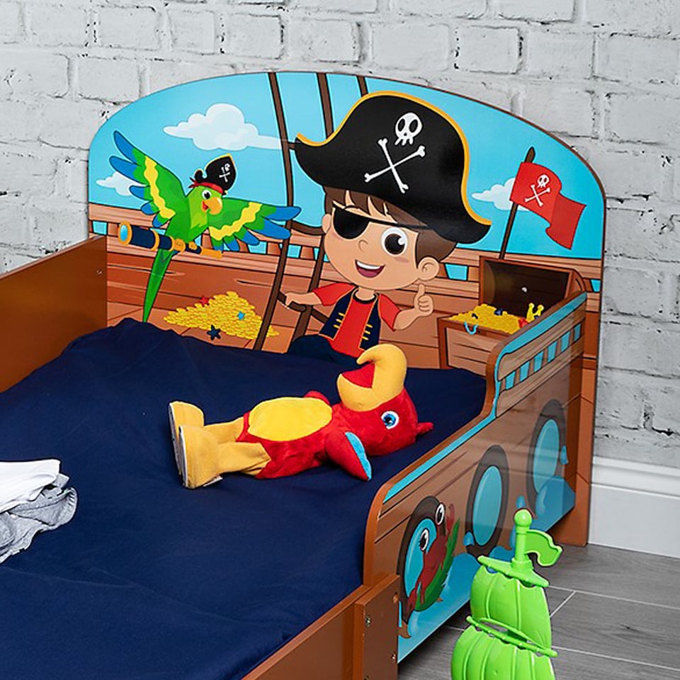 image 1 of Kids Pirate Themed Wooden Bed Frame w/ Guardrails - 70x140cm