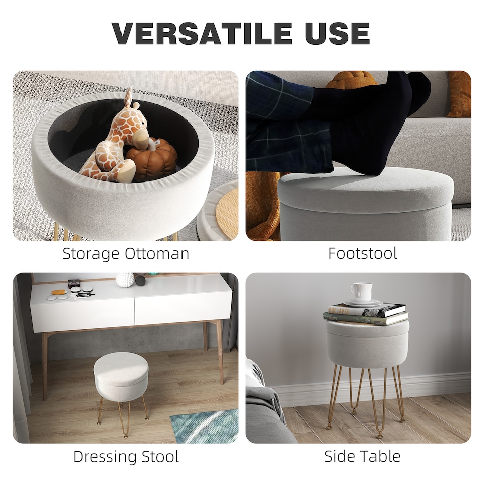 image 1 of HOMCOM 5L Velvet Storage Ottoman, Modern Round Footstool with Metal Hairpin Legs and Removable Lid, Dressing Table Stool Side Table for Hallway, Bedroom, Living Room, 33 x 33 x 43 cm, Cream White