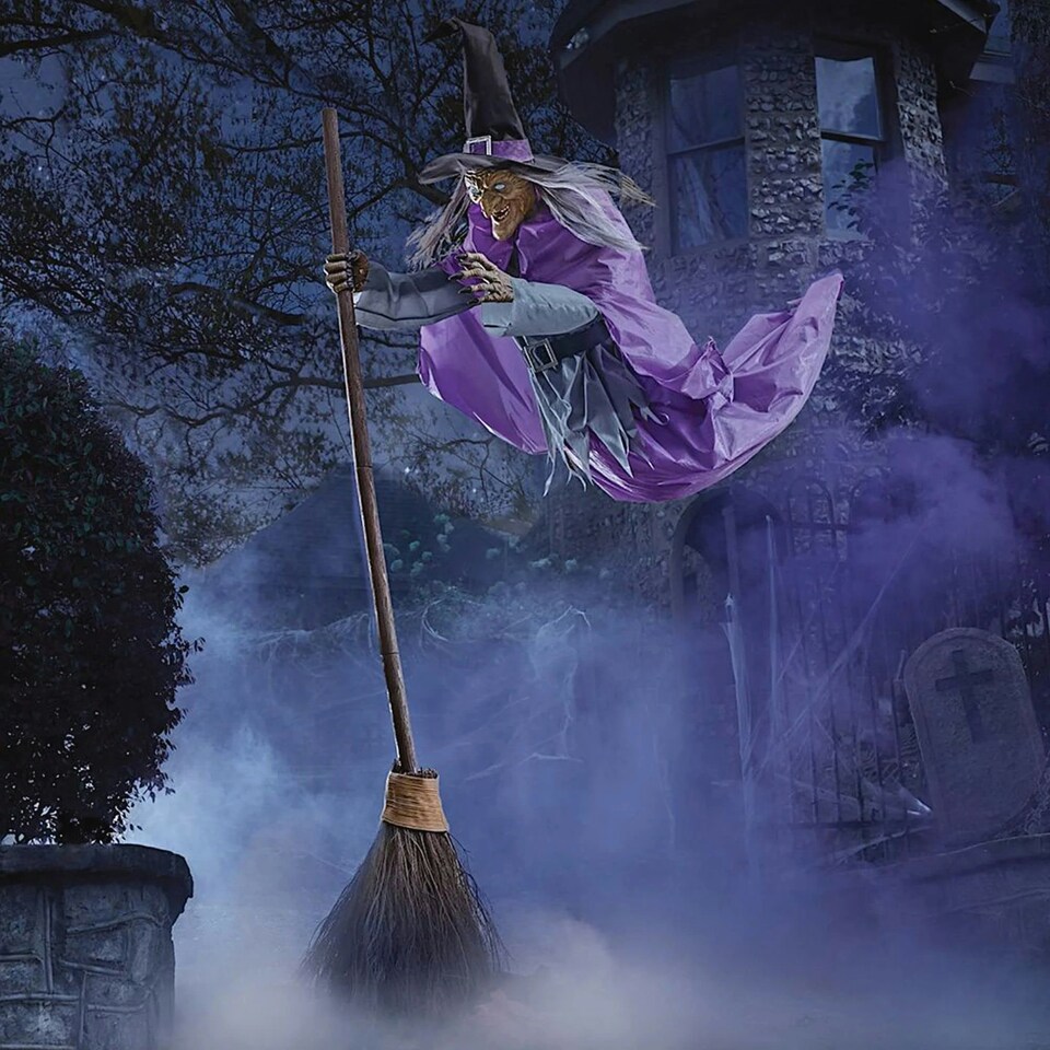 image 1 of Home Accents Holiday 12ft Giant Animated Hovering Halloween Witch with Broomstick and LEDs