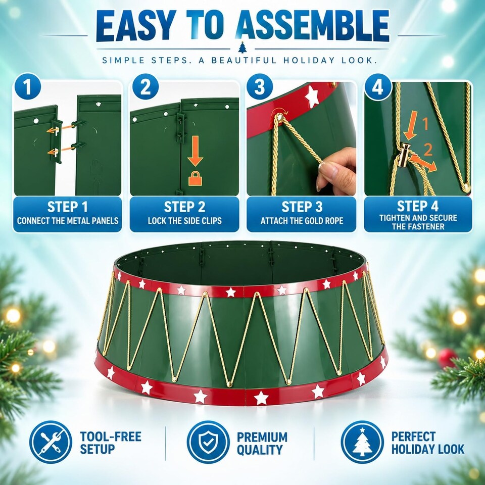 image 1 of 25.6 Inch Drum Style Christmas Tree Collar, Foldable Tree Base Cover with Mirror Finish