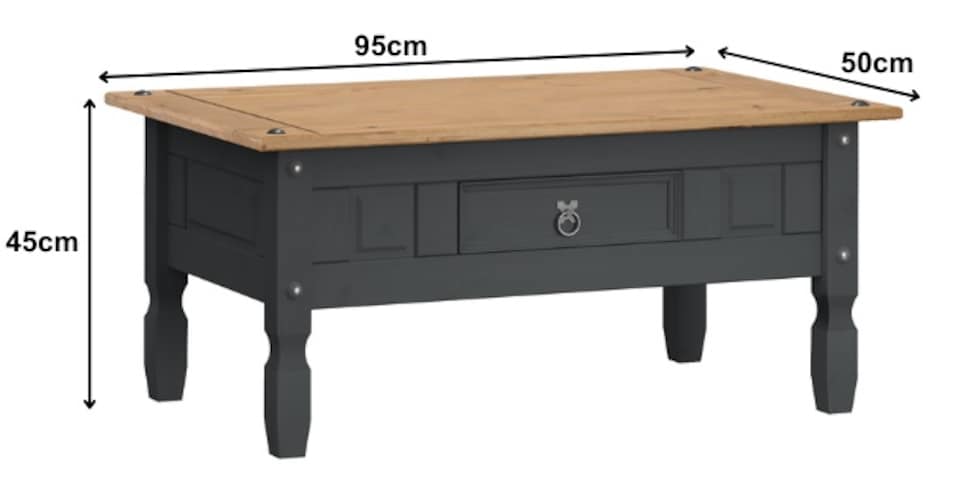 image 1 of Corona Charcoal 1 Drawer Coffee Table Solid Wood Pine Wooden Dark Grey with Mexican Styling