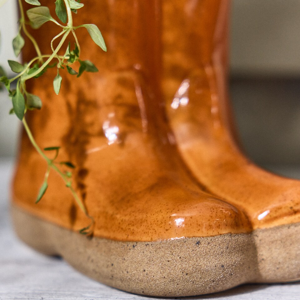 image 1 of Set of 2 Small and Large Orange  Wellington Boots Ceramic Indoor Outdoor Flower Pot Garden Planter | Orange | Orange