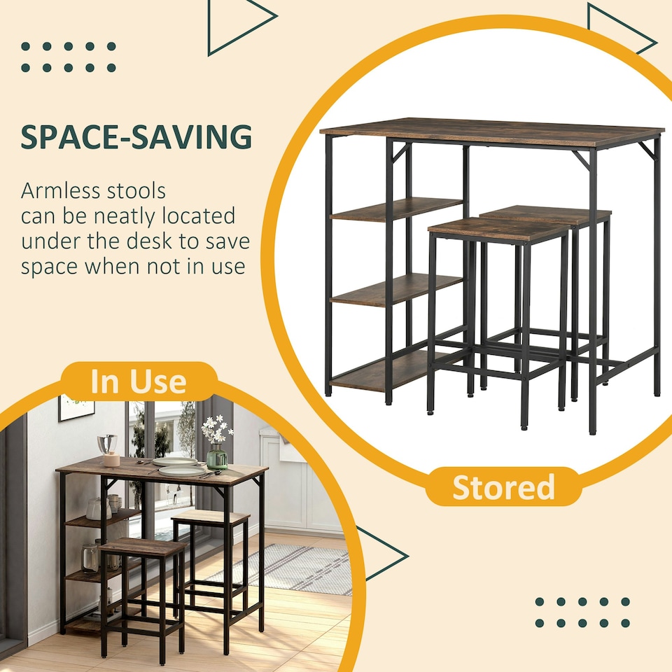 image 1 of HOMCOM Industrial Bar Height Dining Table Set 3 Pieces Bar Set with Shelf