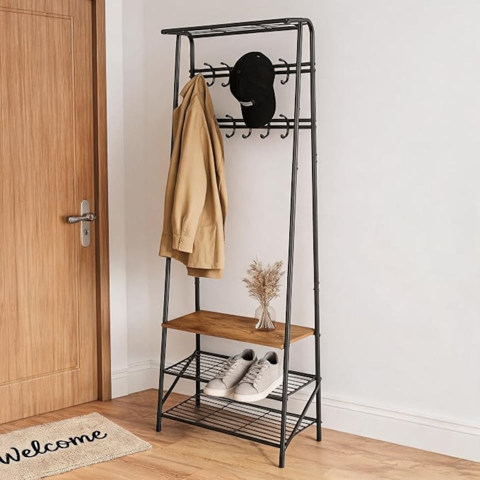 image 1 of London Boutique 4-in-1 Hall Tree with Bench and Shoe Rack, Double Coat Hooks, 60cm