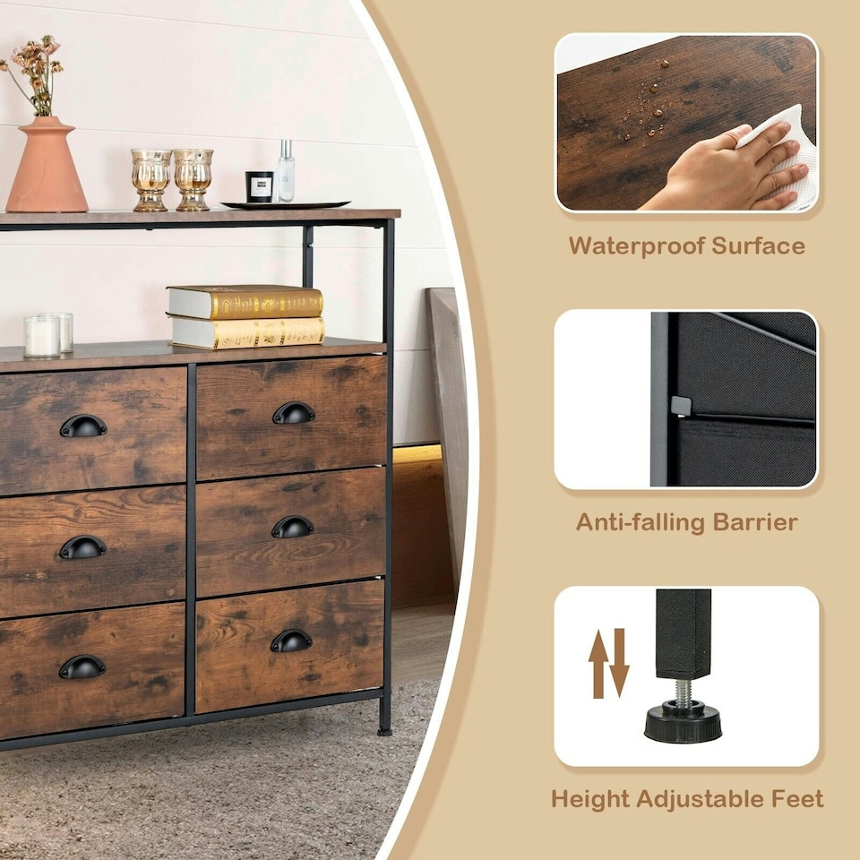 image 1 of COSTWAY 6 Drawers Dresser Organizer 2-Tier Fabric Storage Brown