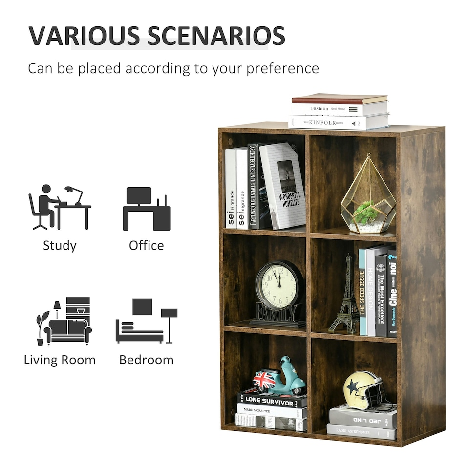 image 1 of HOMCOM Cubic Cabinet Bookcase Storage Shelves for Home Office, Rustic Brown