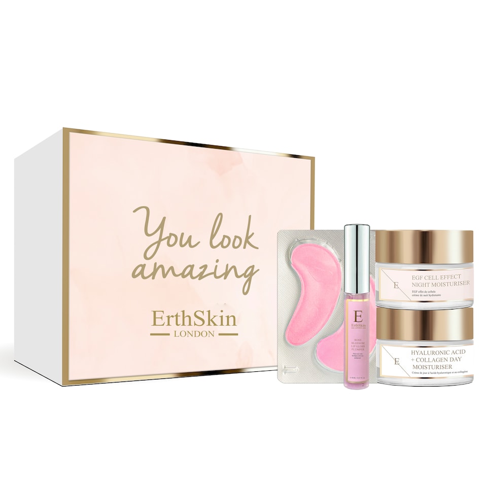 image 1 of Erth Skin London Rose Blossom Glow Lip Gloss + Hydro-Gel Eye Pads + EGF Cell Night Cream + Hyaluronic & Collagen Day Cream 50ml (Universal Kit)