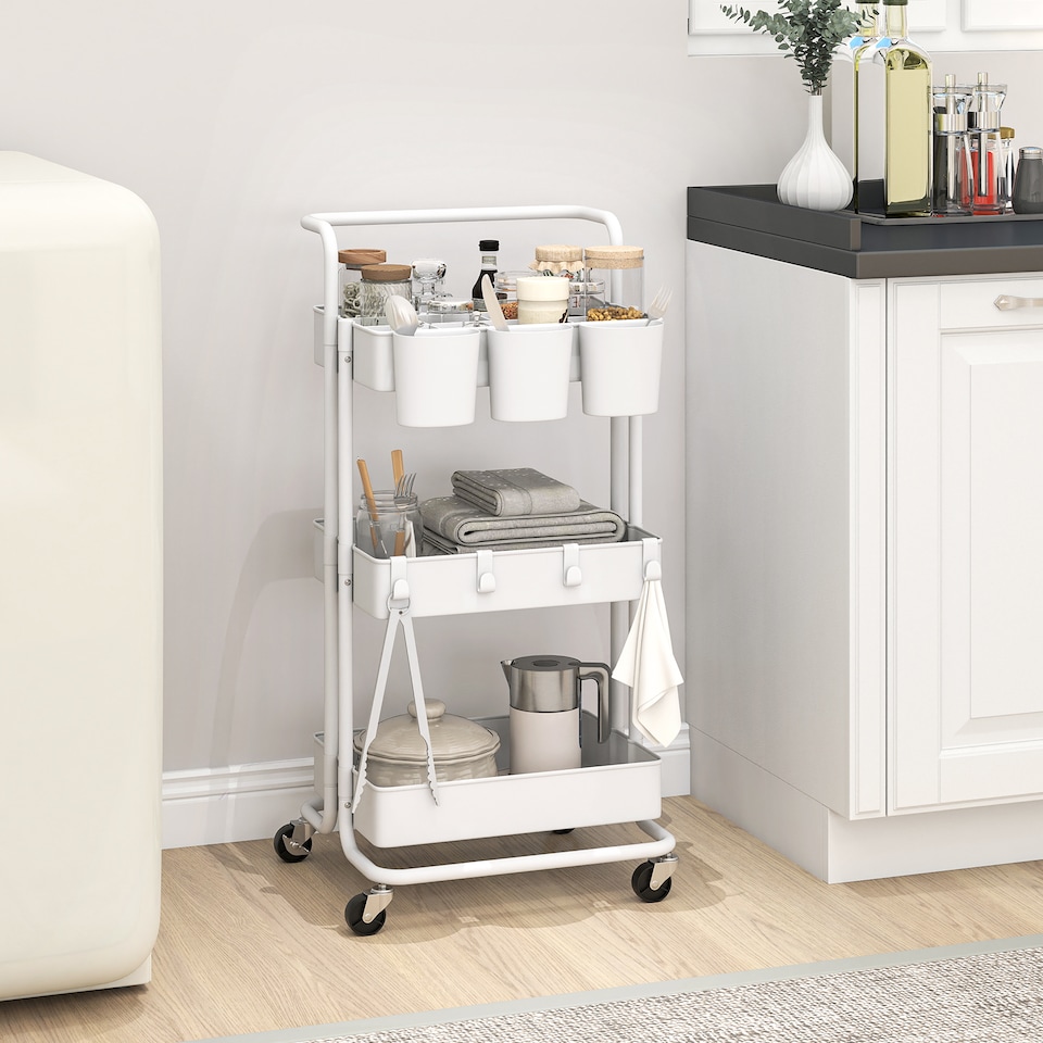 image 1 of HOMCOM 3 Tier Utility Rolling Cart, Kitchen Cart with 3 Removable Mesh Baskets, 3 Hanging Box, 4 Hooks and Dividers for Living Room, Laundry, Garage, White