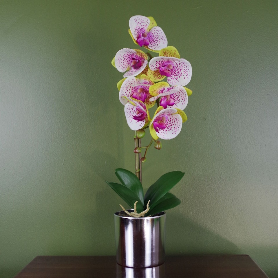 image 1 of Artificial Orchid Pink with Silver Pot 46cm Harlequin Botanik
