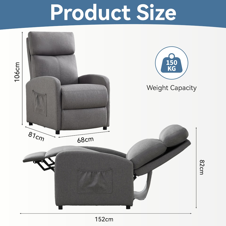 image 1 of CozyWell Grey Linen Fabric Reclining Arm Chair | Grey
