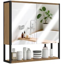 HOMCOM Bathroom Mirror Cabinet Wall Mounted with Soft-Close Doors and Adjustable Shelf, Industrial Bathroom Wall Cabinet with Open Storage, 60 x 16 x 60 cm, Natural Wood Finish | Brown | Natural wood finish