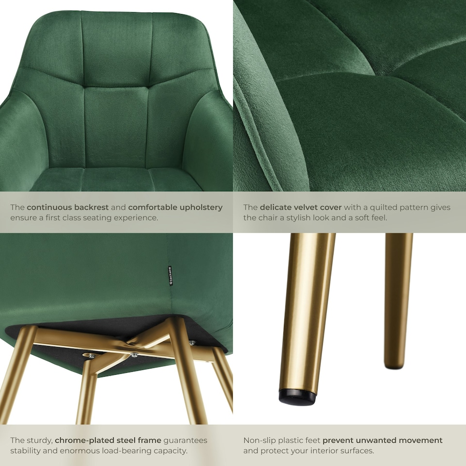 image 1 of Chair Marilyn - quilted velvet look, continuous backrest, golden steel legs - per piece Green | Dark Green/Gold