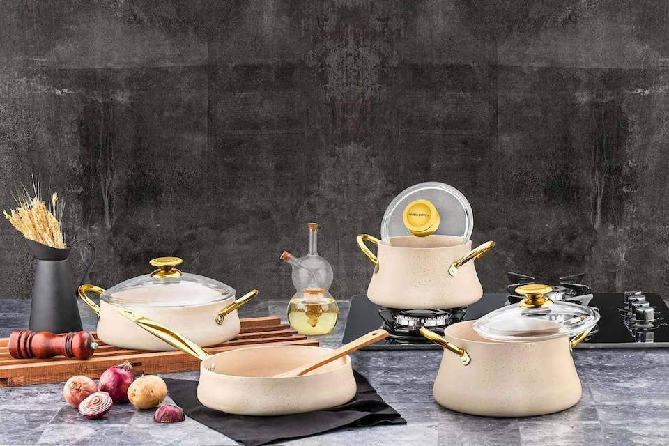 image 1 of Dora Collection 7-Piece Non-Stick Granite Cookware Set (Cream)