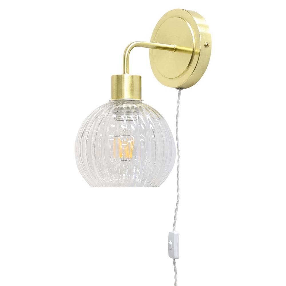 First Choice Lighting Toby - Satin Brass Plug in Wall Light with Betchley Clear Ribbed Shade in Gold