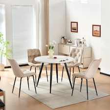 SONARA White Marble Round Dining Table and 4 Velvet Chairs Set Modern 4 Seater for Dining Room