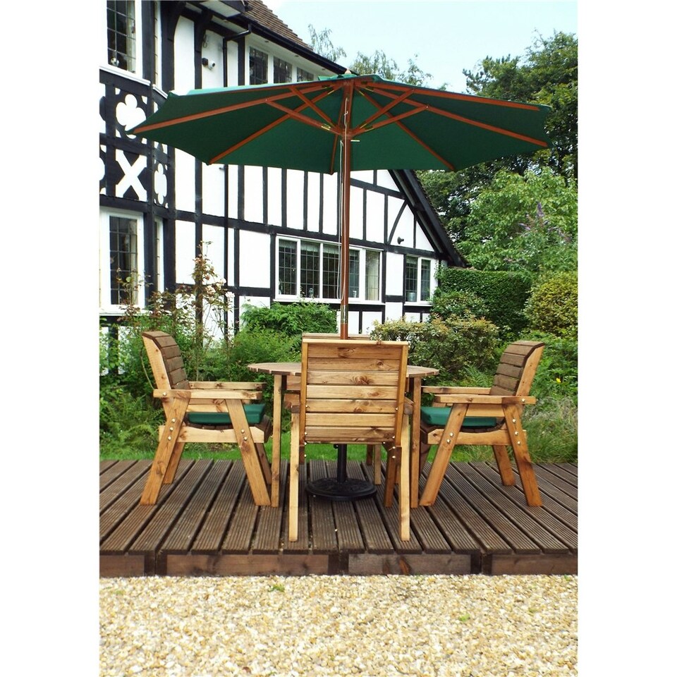 image 1 of Traditional Four Seater Round Table Set With 4 x Green Chair Cushion 1 x Green Parasol & Base & Cushion Storage Bag