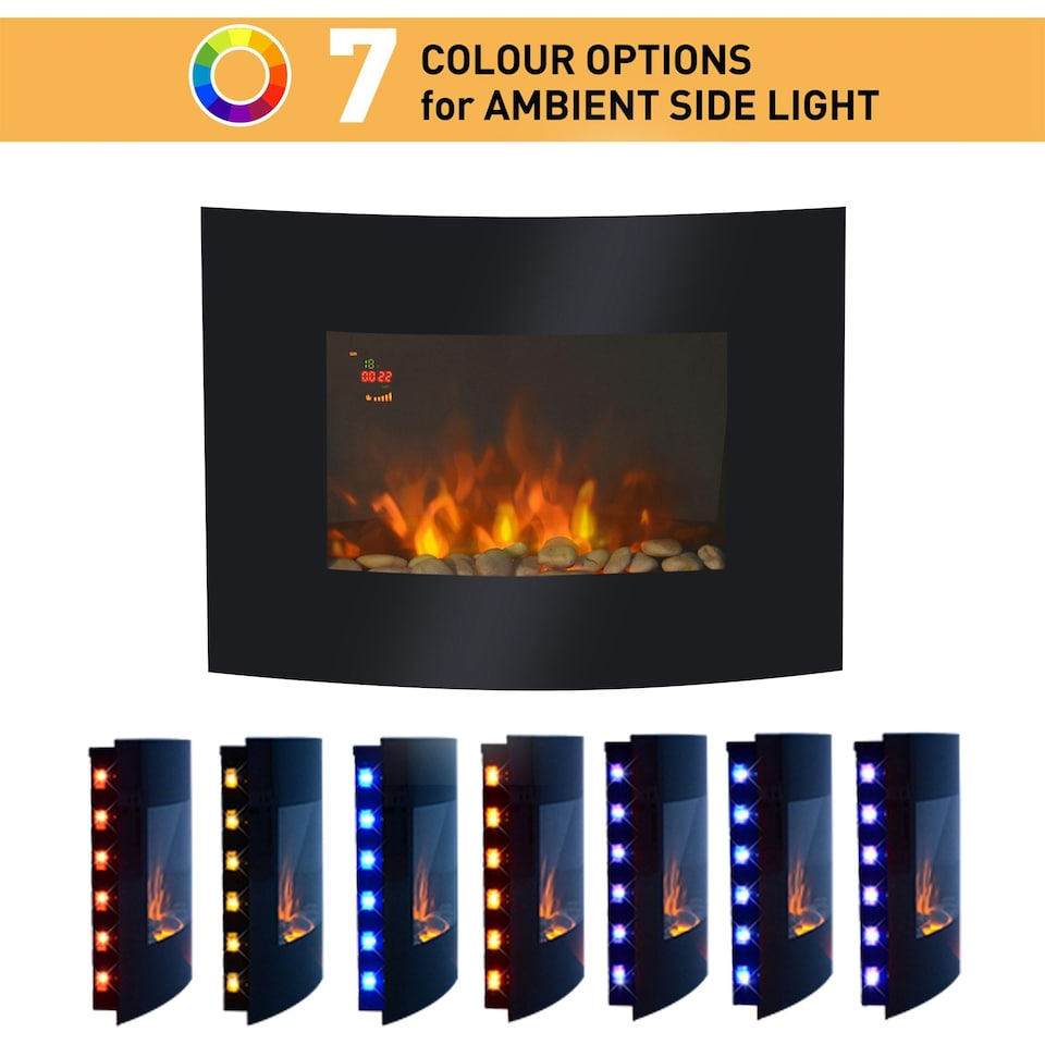 image 1 of HOMCOM Led Wall Mounted Fireplace Curved Glass Electric Fire Place Fire Place 7 Colour Side Lights Slimline, 9001800W, 65cm  52cm