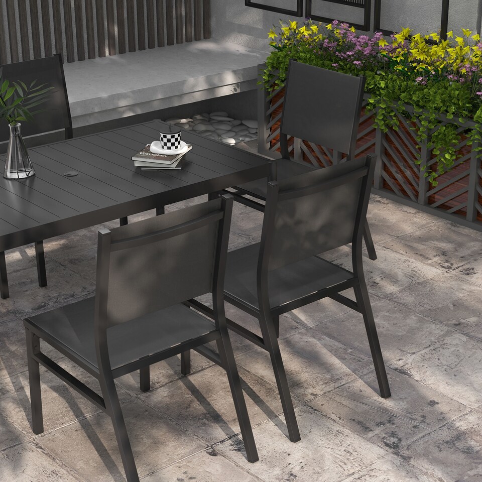 image 1 of Outsunny 7 Piece Garden Dining Set, 6 Seater Garden Table and Chairs with Parasol Hole, Aluminium Top Table and Texteline Chairs, Outdoor Dining Furniture Set for Patio, Dark Grey