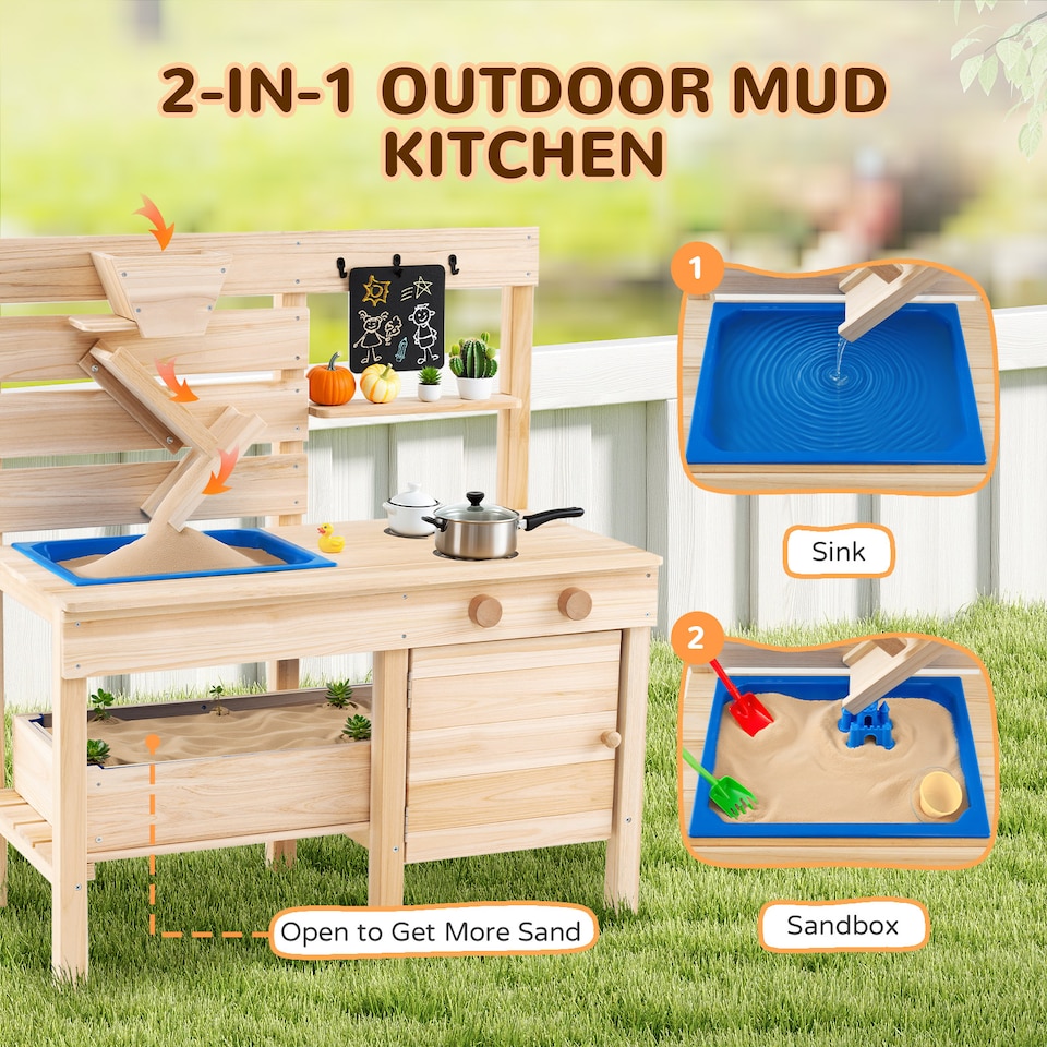 image 1 of COSTWAY Mud Kitchen Kids Outdoor Play Kitchen with Detachable Sandbox-Natural