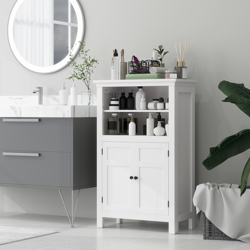 image 1 of HOMCOM Modern Bathroom Storage Cabinet, Freestanding Bathroom Cabinet with Open Shelves, a Cupboard with Doors and Adjustable Shelves, White