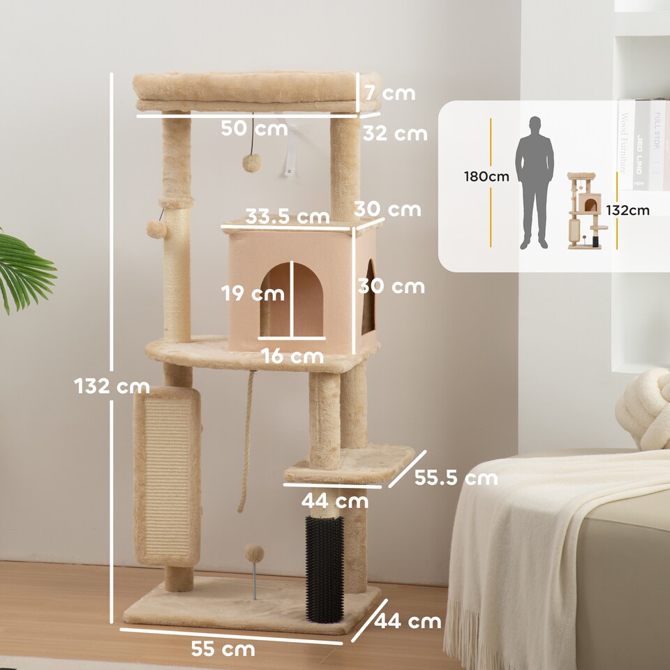 image 1 of PawHut Cat Tree Tower Scratching Post Bed House, 132cm, Beige