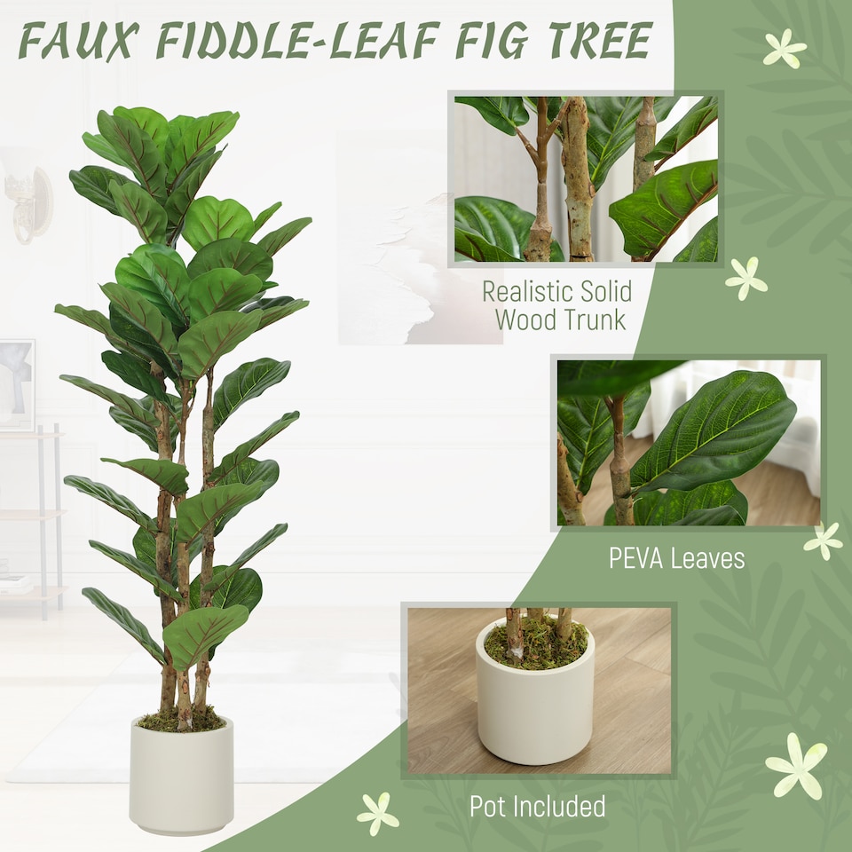 image 1 of HOMCOM 120cm 2 PCs Artificial Fiddle Leaf Fig Trese with Solid Wood Trunks