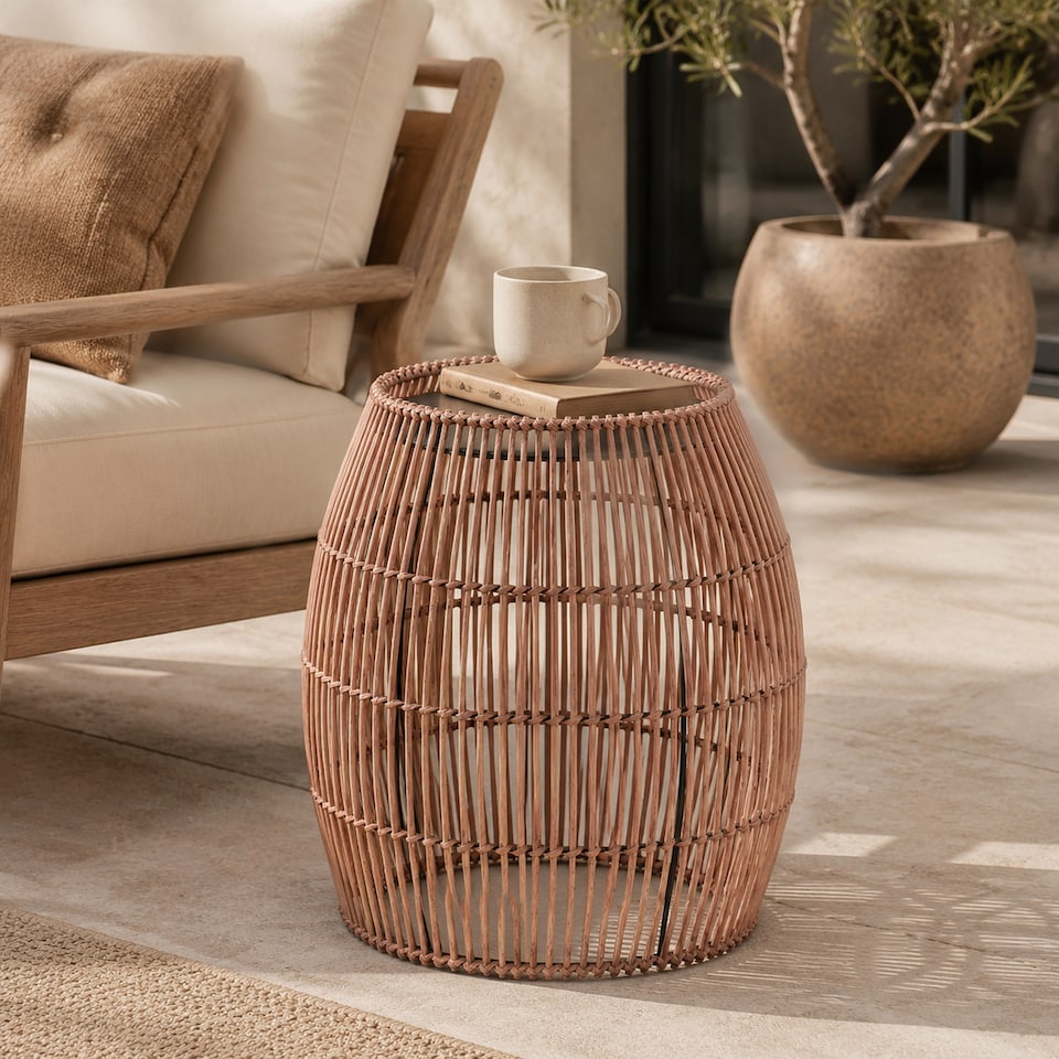 image 1 of Teamson Bamboo Outdoor Side Table with Iron Frame, Round Boho Accent Table