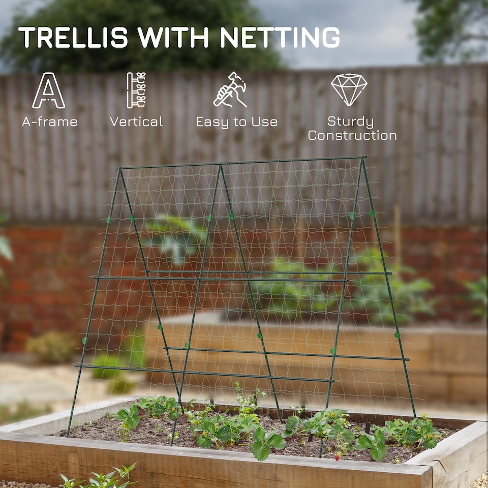image 1 of Outsunny Garden Cucumber Trellis for Climbing Plants, A-Frame Trellis Plant Support with Climbing Net, DIY Adjustable Cucumber Support Frame for Raised Bed, Vegetables, Flowers, Fruit, Green