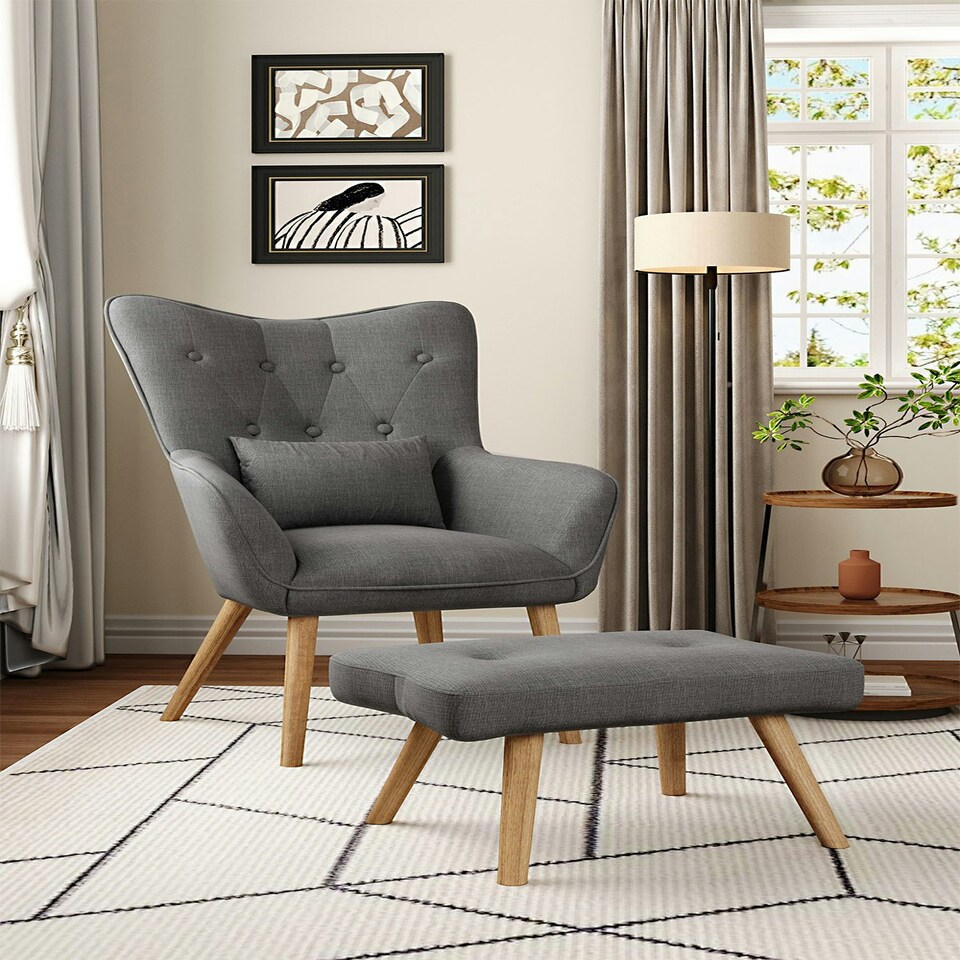 image 1 of Living and Home Classic Linen Oak Wood Legs Leisure Armchair with Cushion and Footstool - Dark Grey 60*50*100cm Grey