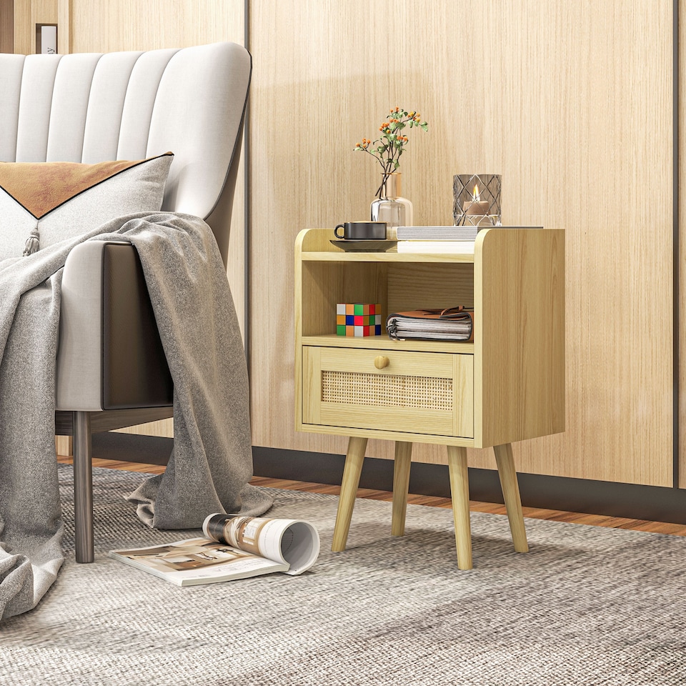 image 1 of HOMCOM Bedside Tables Set of 2, Boho Styled Nightstand with Drawer, Storage Compartment and Rattan Accent, Side End Table for Bedroom, 40 x 30 x 60cm, Natural Wood Finish