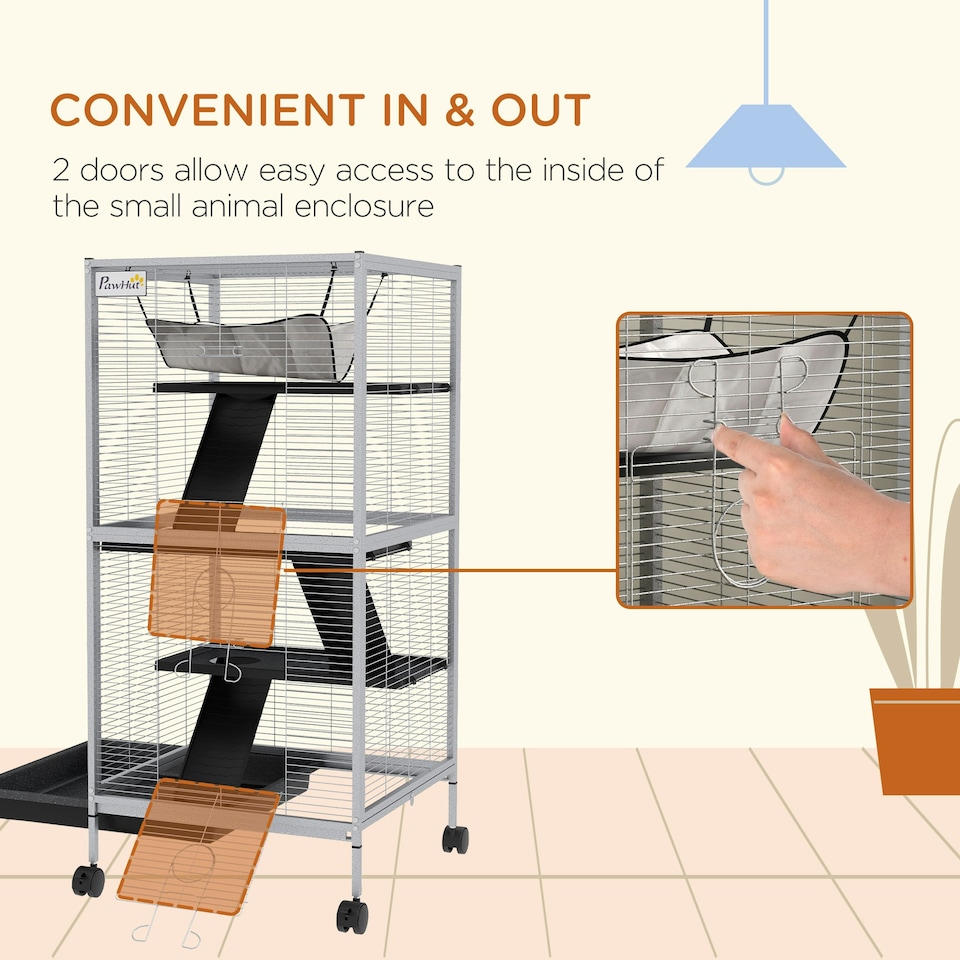 image 1 of PawHut Rolling Small Animal Cage for Chinchillas Ferrets Kittens W/ Ramp Grey