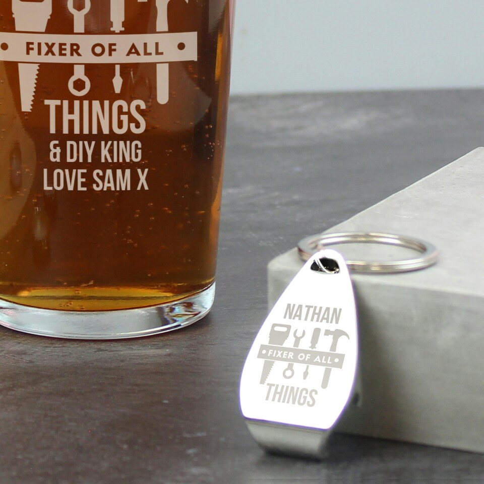 image 1 of Personalised Fixer of All Things Pint Glass & Bottle Opener Clear