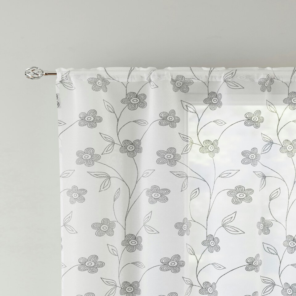 image 1 of Pair of Sienna Grey Floral Trail Embroidery Voile Panels 137 cm (54 inch) Rod Pocket Panels for Bedroom and Living Room