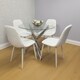 image 2 of Round Clear Glass Dining Table with Chrome Metal Legs and 4 White Leather Padded Chairs, Modern Dining Set