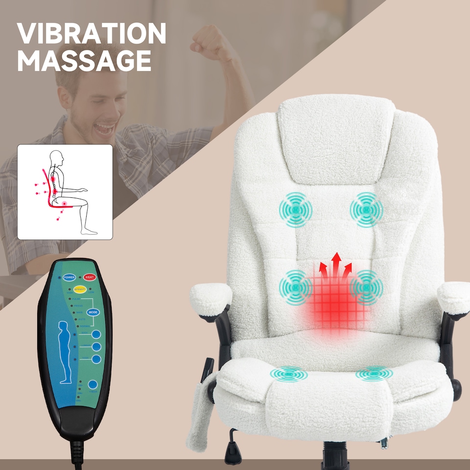 image 1 of Vinsetto Office Chair, Ergonomic Desk Chair with 6-Point Massage and Back Heated, Boucle-Feel Fabric Computer Gaming Chair with Arms, Lumbar Support, White