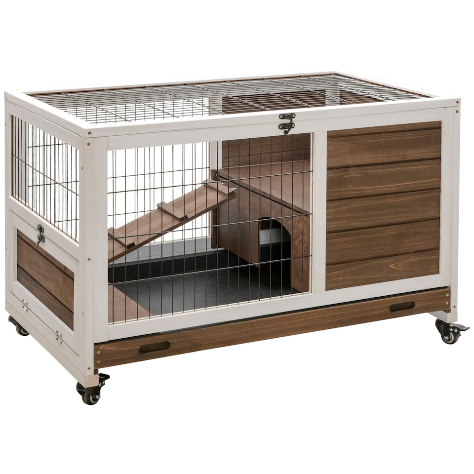 image 1 of PawHut Rabbit Cages, Guinea Pig Hutch w/ Roof & Wheels, No-Leak Tray, Brown