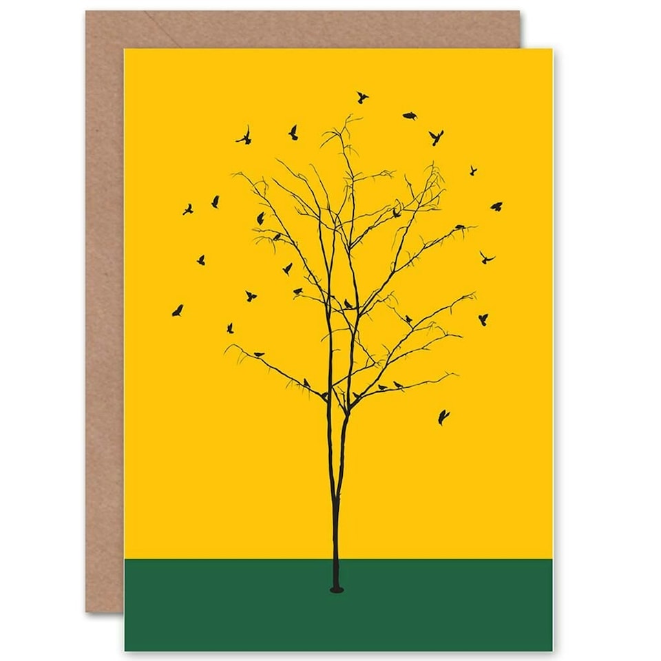 image 1 of Bare Winter Tree Birds Green Yellow Art Blank Card