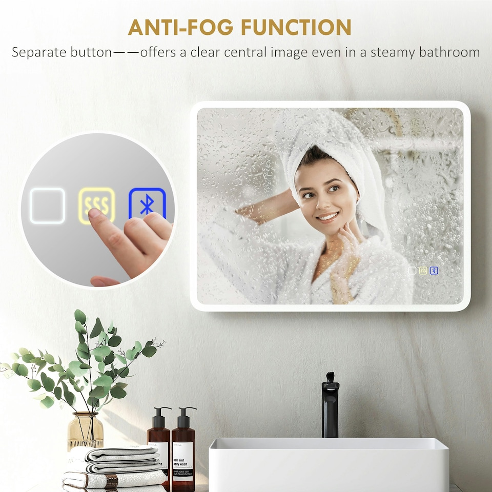 image 1 of HOMCOM 600 x 800 mm Bluetooth Bathroom Mirror with LED Lights Wall Mounted Silver | 80L x 60W x 3.5D cm