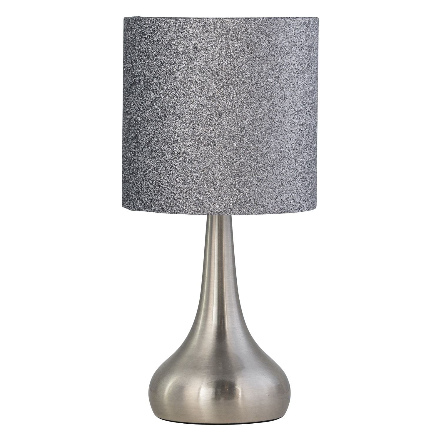 First Choice Lighting Romana - Brushed Chrome Touch Operated Table Lamp with Glitter Shade in Silver